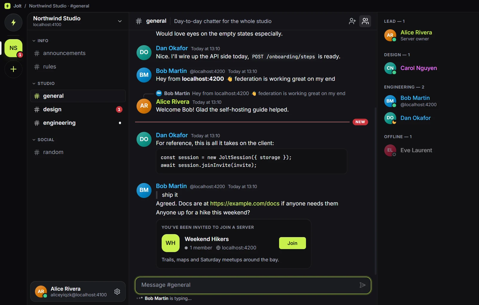 The Jolt desktop app showing a server called Northwind Studio, its channels, a conversation in #general with a member from another instance and an invite card, and the member list grouped by role.